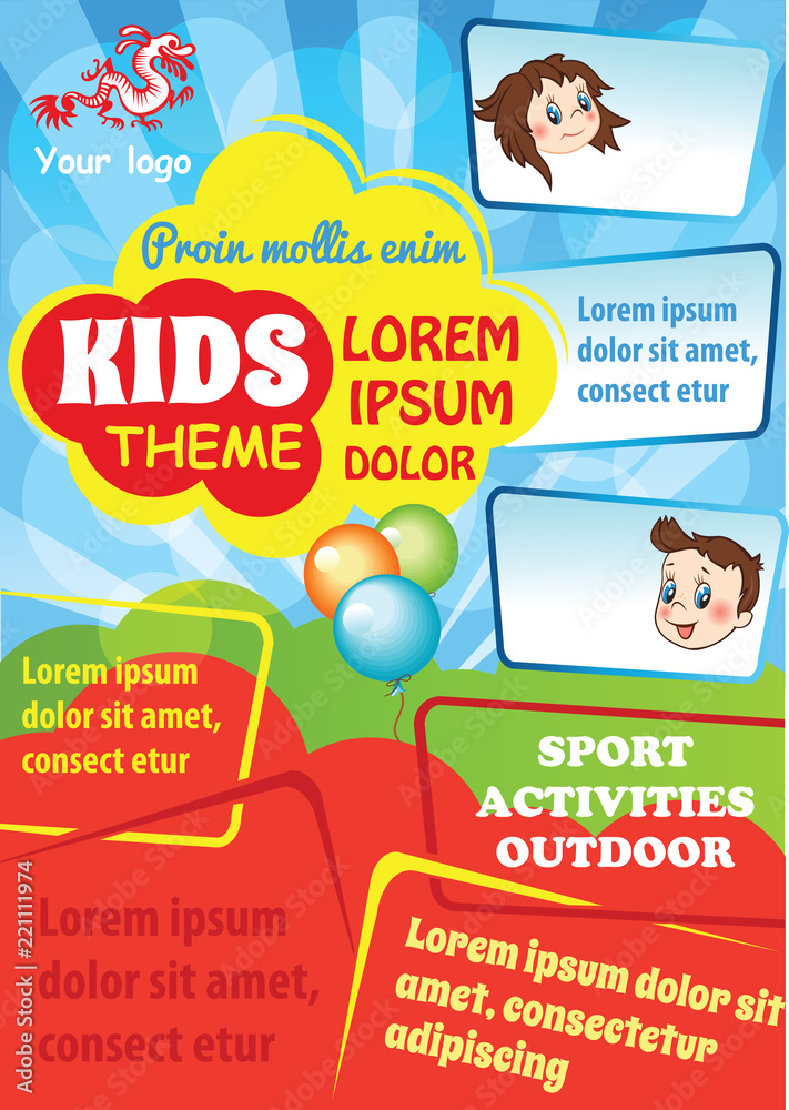 Kid advertising template with space for text. Colorful vector flyer ...