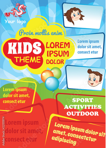 Kid advertising template with space for text. Colorful vector flyer design. Kid education theme. School poster layout