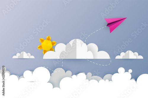 illustration of origami cloudscape, plane flying on sky with paper cloud and sun. design by paper art and digital craft style.