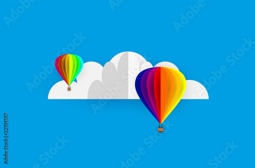 Vector origami made colorful hot air balloon and cloud.paper art and digital craft style.