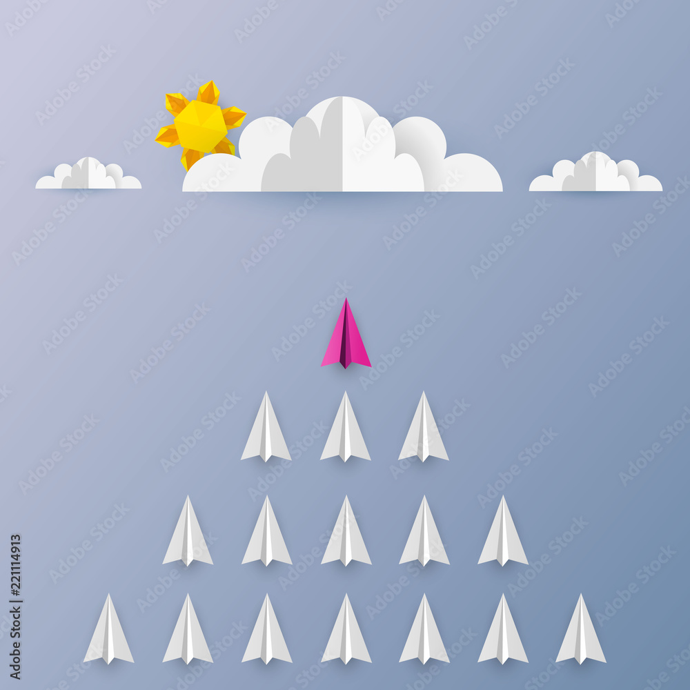 Paper airplanes in form of arrow shape flying from clouds on blue sky.Paper art style of business teamwork creative concept idea.Vector illustration Paper airplanes in form of arrow shape flying from clouds on blue sky.Paper art style of business teamwork creative concept idea.Vector illustration