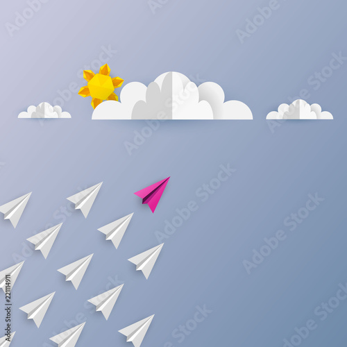 Paper airplanes in form of arrow shape flying from clouds on blue sky.Paper art style of business teamwork creative concept idea.Vector illustration