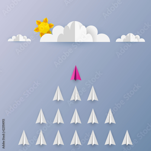 Paper airplanes in form of arrow shape flying from clouds on blue sky.Paper art style of business teamwork creative concept idea.Vector illustration © Droidworker