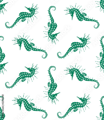 Vector seamless pattern of green seahorse silhouette on white background. Seahorse background