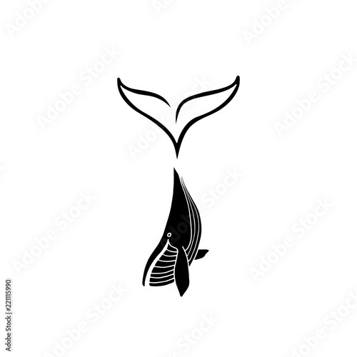 Vector illustration of black whale with big tail logotype. Whale logo