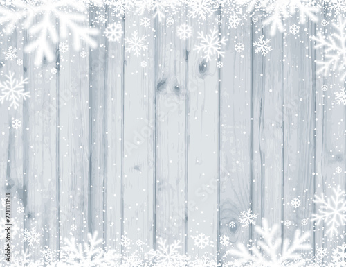 Grey Wooden christmas background with blurred white snowflakes, vector illustration