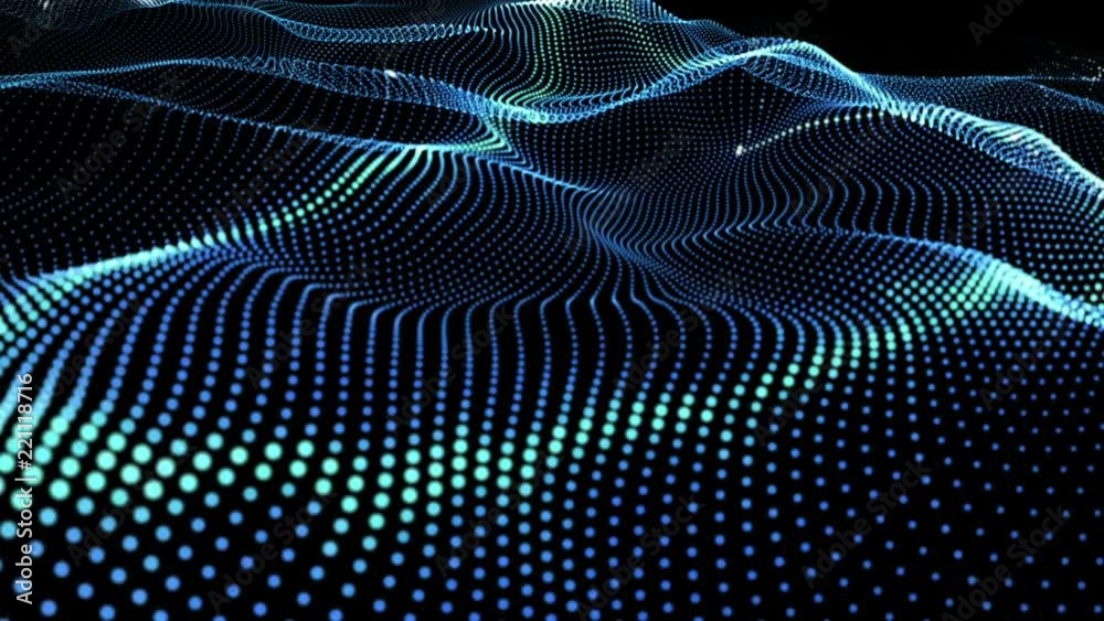 Abstract futuristic data cloud and artificial intelligence concept. Light impulses traveling along waving particles. Depth of field settings. 3D rendering.