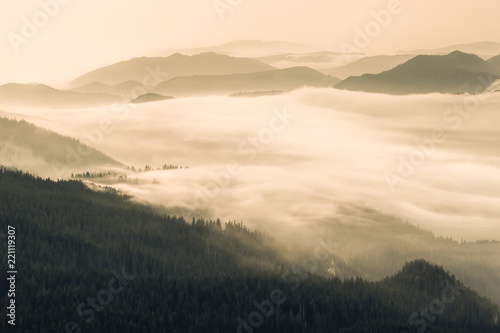 Fog in the valleys of the mountains.Panaramic view