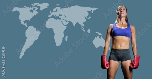 Female boxer with world map