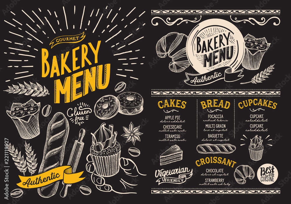 Bakery menu for restaurant. Design template on blackboard with food