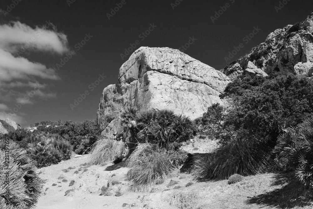 Large rocks line the walk through the Tramuntana mountains on the Spanish island of Majorca.