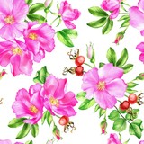 Watercolor illustration of leaves, flowers and rose hip berries.Seamless hand drawn pattern.