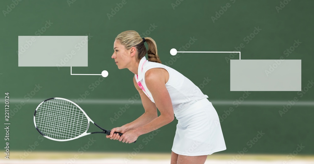 Tennis player woman with blank infographic chart panels