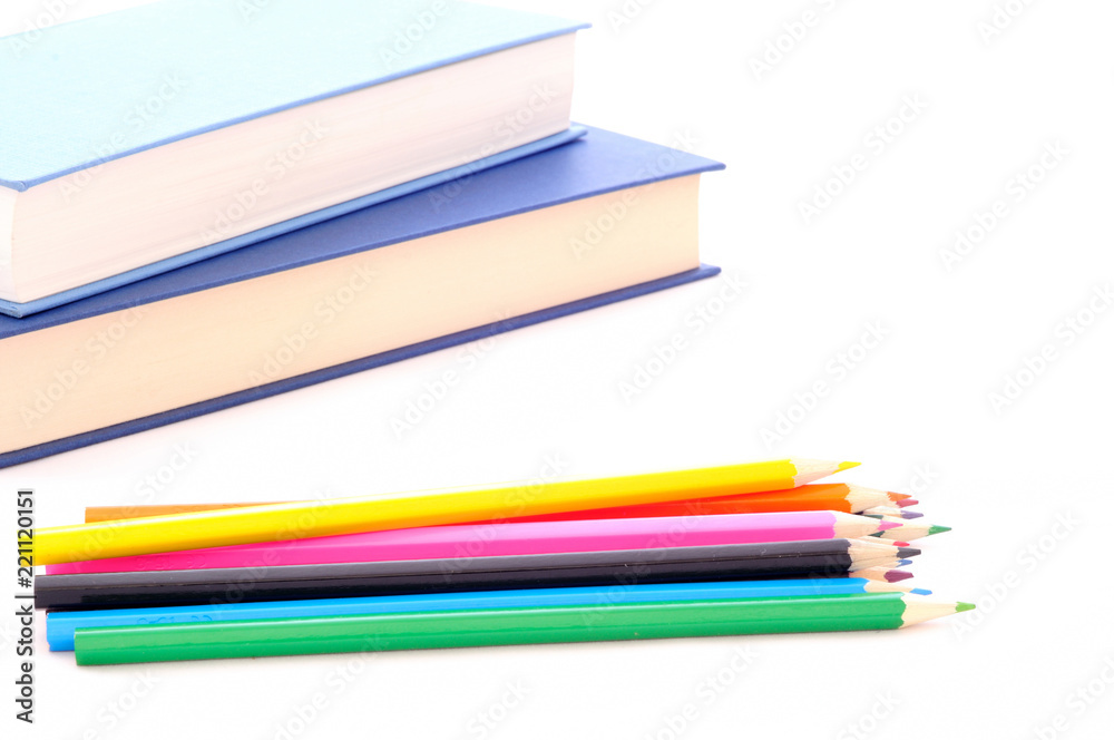 custom made wallpaper toronto digitalback to school, minimal background, pile of colored pencils and books on the white desk