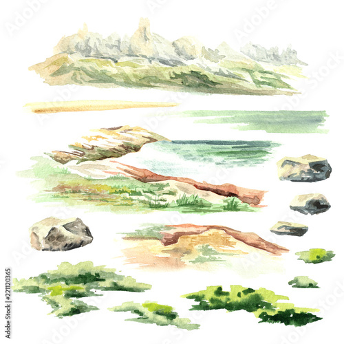 Landscape elements. Watercolor hand drawn illustration, isolated on white background