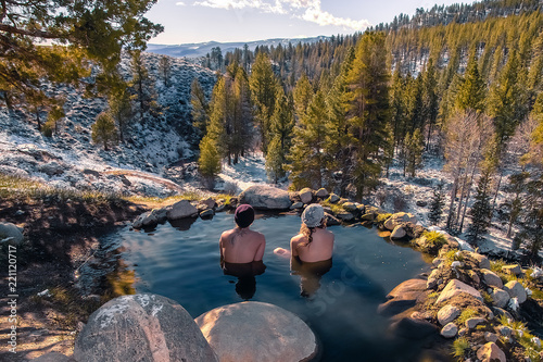 Tourists relaxing in hot spring near Bridgeport, California, USA