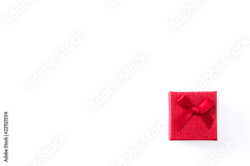 Red gift box isolated on white background. Top view. Copyspace