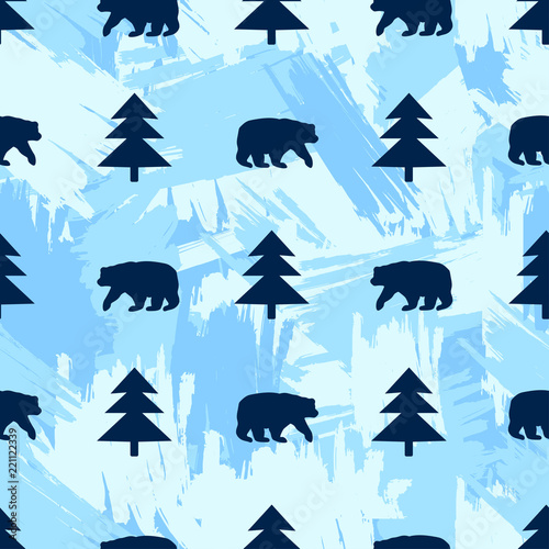 Seamless pattern with bear and fir-tree on the brush strokes background.