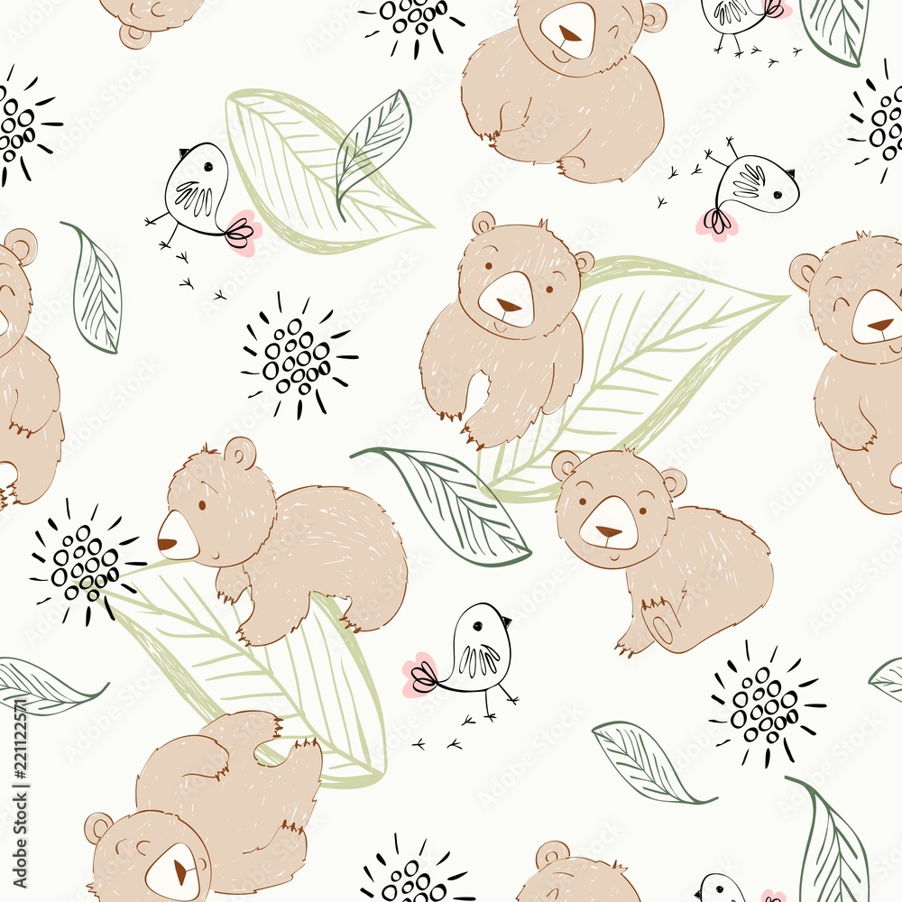Obraz premium Vector cute seamless pattern with cartoon bears