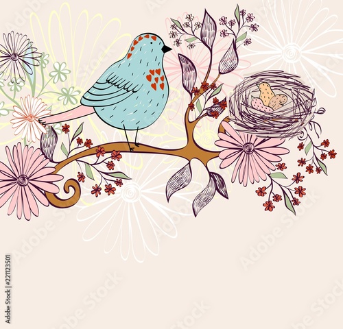 Bird nest on the tree branch. Vector illustration