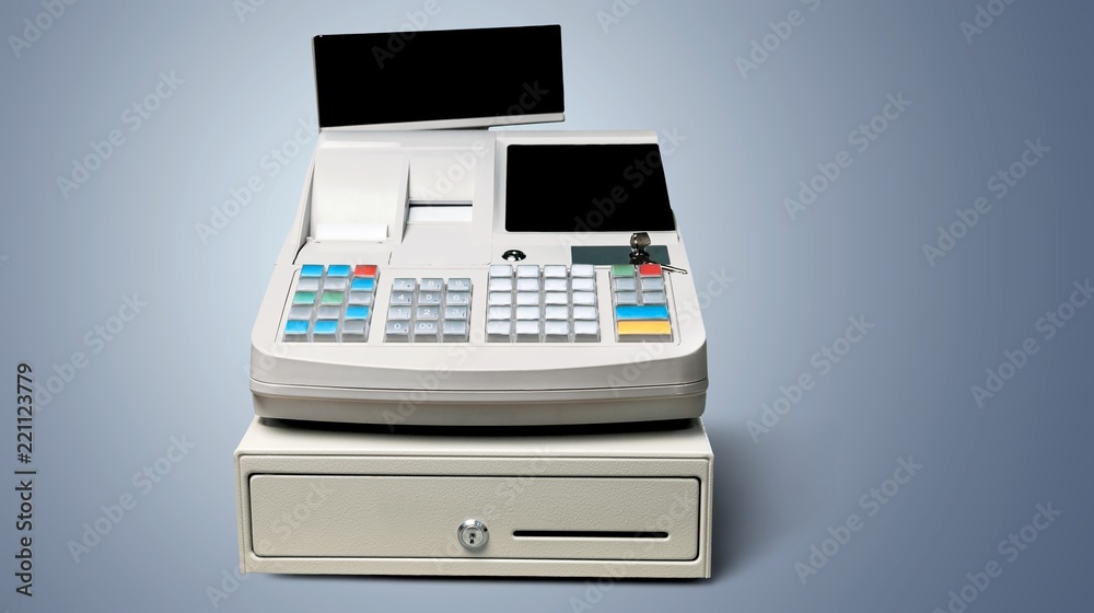 Cash register with LCD display on background Cash register with LCD display on background
