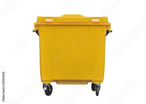 yellow plastic trash can isolated on white background