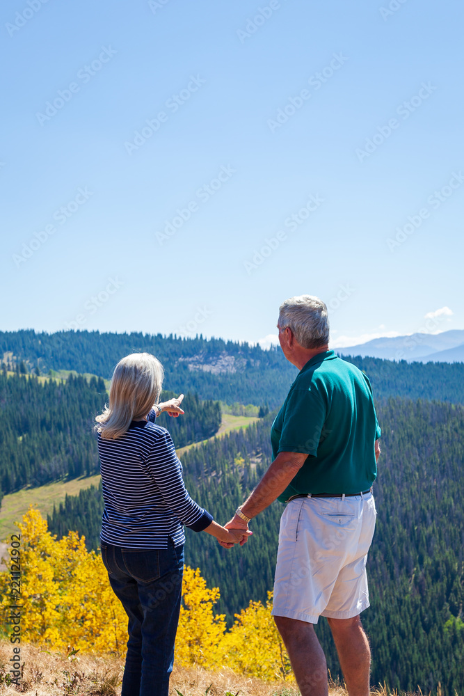 A Senior Couple Look Out Over the Mountains While Holding Hands. The Woman is Pointing