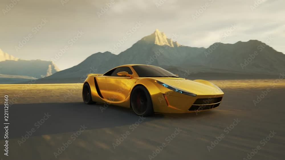Concept car racing through desert. Fast spinning wheels automobile. Sunset 4K HD