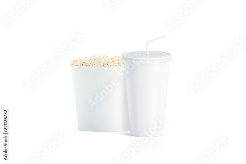 Blank white popcorn bucket with cup with straw mockup, isolated, 3d rendering. Empty fastfood pack and paper soda drinking mug with lid and tube mock up. Plain pail with corn and cola beverage package
