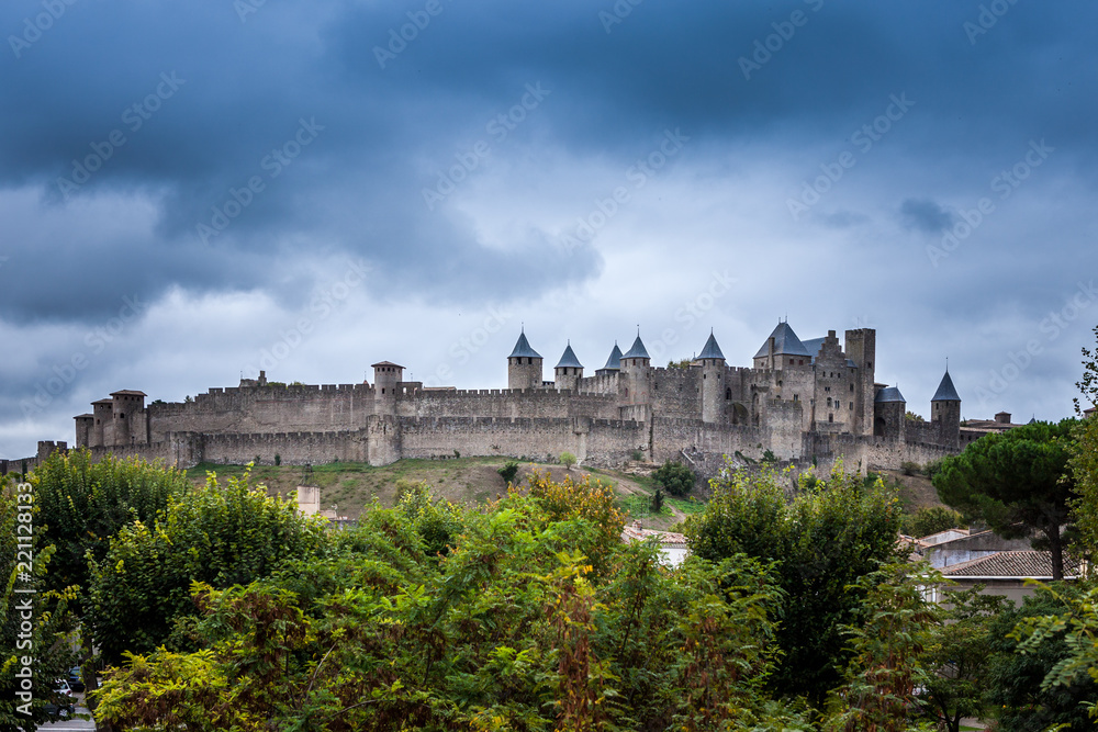 Immerse yourself in beauty of old town fortress of Carcassone castle, France. Panoramic view captures stunning architecture and history of this iconic landmark. Perfect for travel and tourism projects