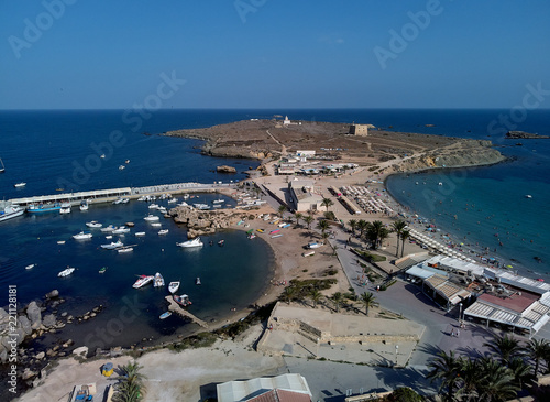 Aerial view of Tabarca Island. Harbor and beach. Spain