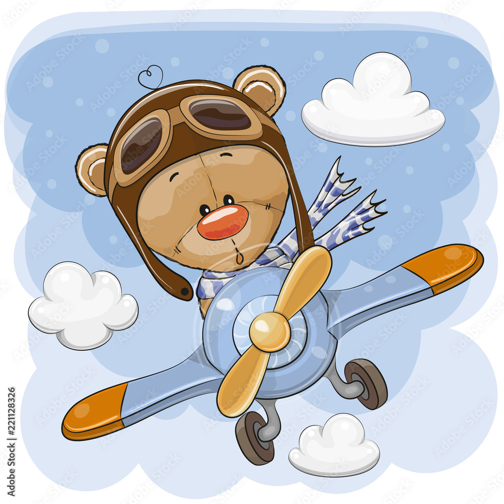 Fototapeta Cute Teddy Bear is flying on a plane