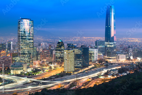 Skyline of Santiago de Chile with modern office buildings at financial district in Las Condes. photo