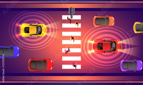 Top view of traffic signal area, remote sensing system detect stoppage location, Autonomous Vehicle concept based web template design.