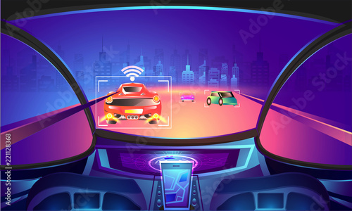 Automotive empty cockpit with sensor technology on night view urban city background.