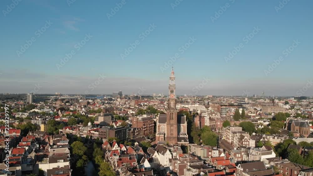 Amsterdam city aerial of downtown with canals and famous tower 'Westertoren'.