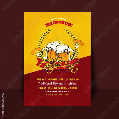 Beer festival Oktoberfest concept invitation card design with time and venue details.