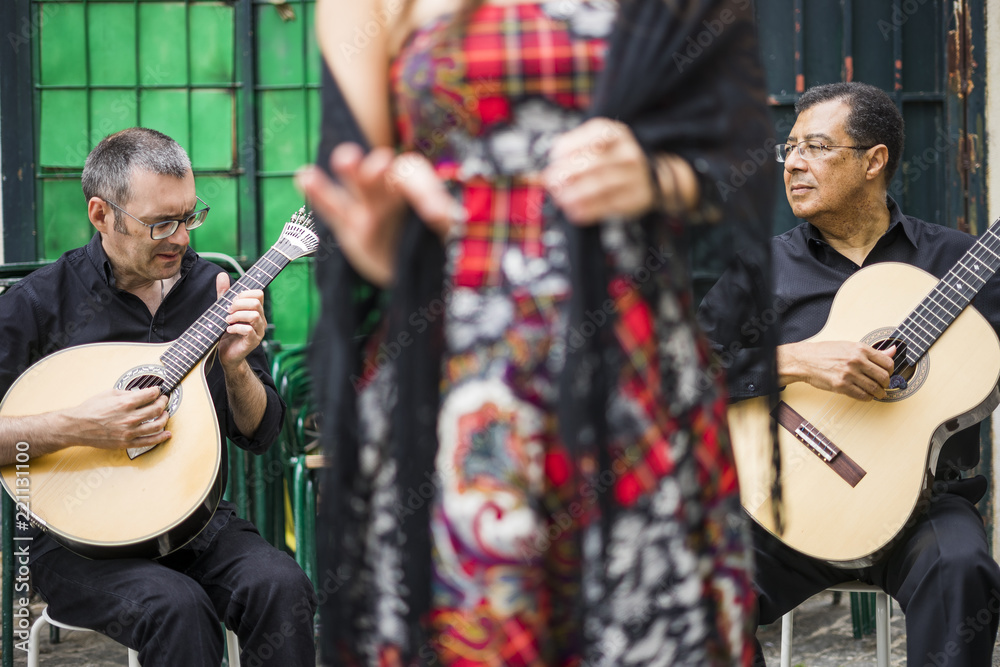 Fado band performing traditional portuguese music in Alfama, Lisbon, Portugal