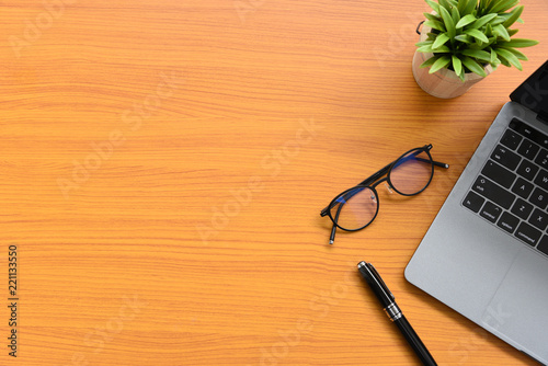 Office table with keyboard,mouse,Hot coffee and cactus,copy space,Top view, flat lay