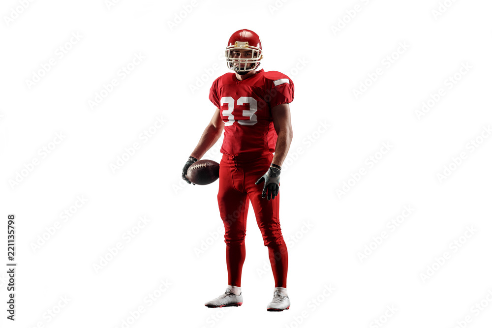 Active one american football player isolated on white background. Fit caucasian man in uniform posing over studio background. Human emotions and facial expressions concept