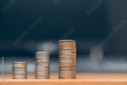 step of coins stacks, money, saving and investment or family planning concept.