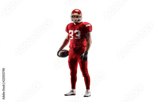 Active one american football player isolated on white background. Fit caucasian man in uniform posing over studio background. Human emotions and facial expressions concept