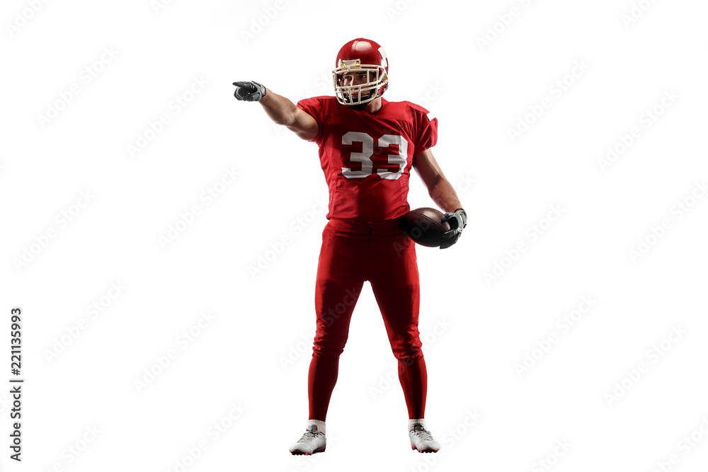 Active one american football player isolated on white background. Fit caucasian man in uniform posing over studio background. Human emotions and facial expressions concept