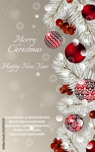 Christmas card with balls and fir branches with space for text. Round Vector Christmas design for greeting card, party invitation, holiday sales.