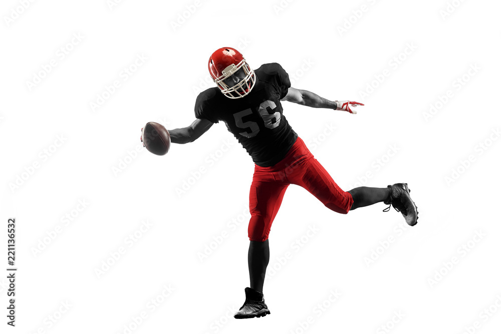 Active one american football player isolated on white background. Fit caucasian man in uniform jumping over studio background in jump or motion. Human emotions and facial expressions concept