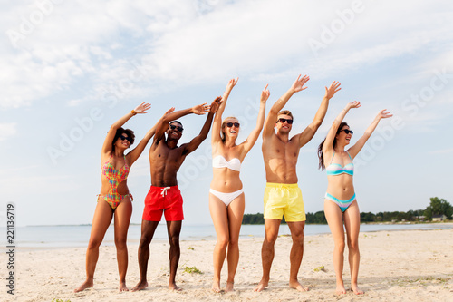 friendship, summer holidays and people concept - group of happy friends having fun on beach