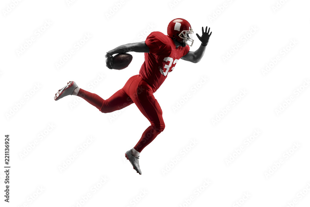 Active one american football player isolated on white background. Fit caucasian man in uniform jumping over studio background in jump or motion. Human emotions and facial expressions concept Active one american football player isolated on white background. Fit caucasian man in uniform jumping over studio background in jump or motion. Human emotions and facial expressions concept