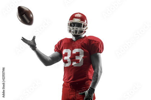 Active one american football player isolated on white background. Fit caucasian man in uniform posing over studio background. Human emotions and facial expressions concept