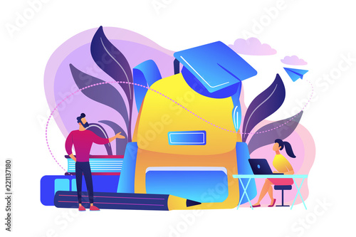 Big backpack, teacher speaking and student with laptop. Back to school, first day of school and new academic year, education and classroom concept, violet palette. Vector isolated illustration.