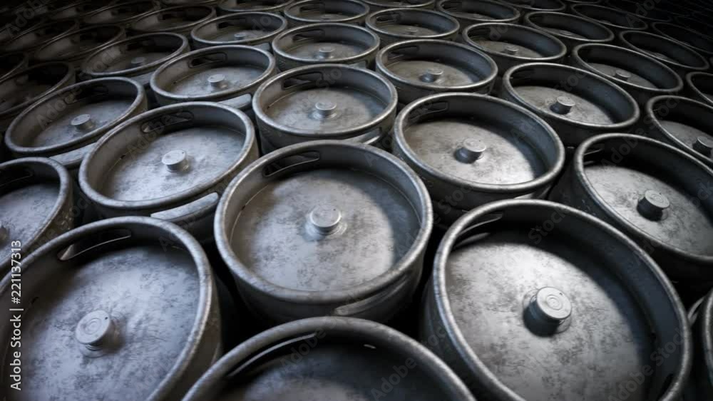 Multiple metal beer kegs stacked on the ground in endless, seamless loop. 4K HD Multiple metal beer kegs stacked on the ground in endless, seamless loop. 4K HD
